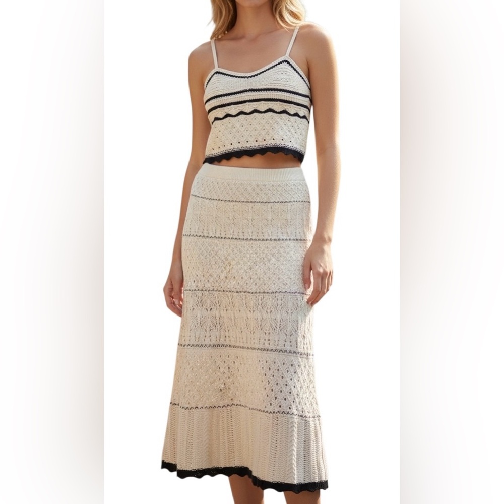 Olive+Oak Two Piece BOHO Sweetheart Pointelle Crochet Knit Crop Top Maxi Skirt L
